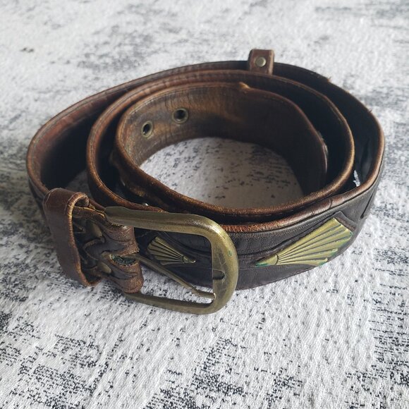 45" Custom Made Hand Crafted Brown & Tan Leather Tooled Belt - Picture 2 of 13